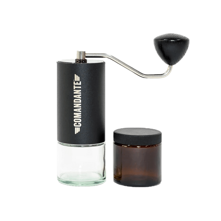 Moinho de café preto, com frasco de vidro transparente.